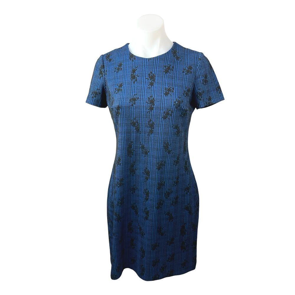 Calvin Klein Blue Black Plaid Floral Embroidered Short Sleeve Sheath Dress S/M